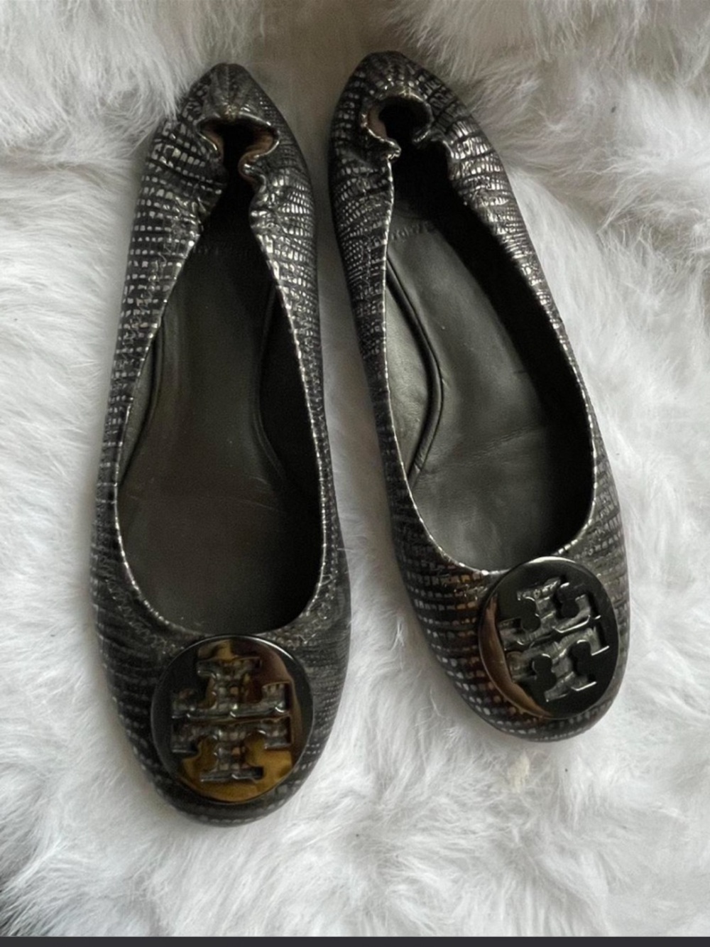 Tory Burch Black Textured Logo Ballet Flats